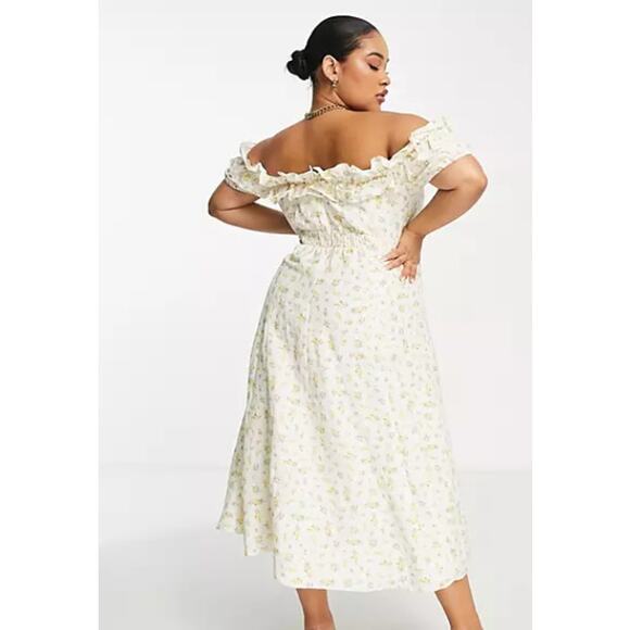 Ever New Curve SZ 18 Bardot Frill Midi Dress in Lemon Ditsy Floral - Picture 3 of 7